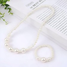 Girls Pearl Necklace Bracelet Set Kids White Beaded Jewelry Birthday Gift