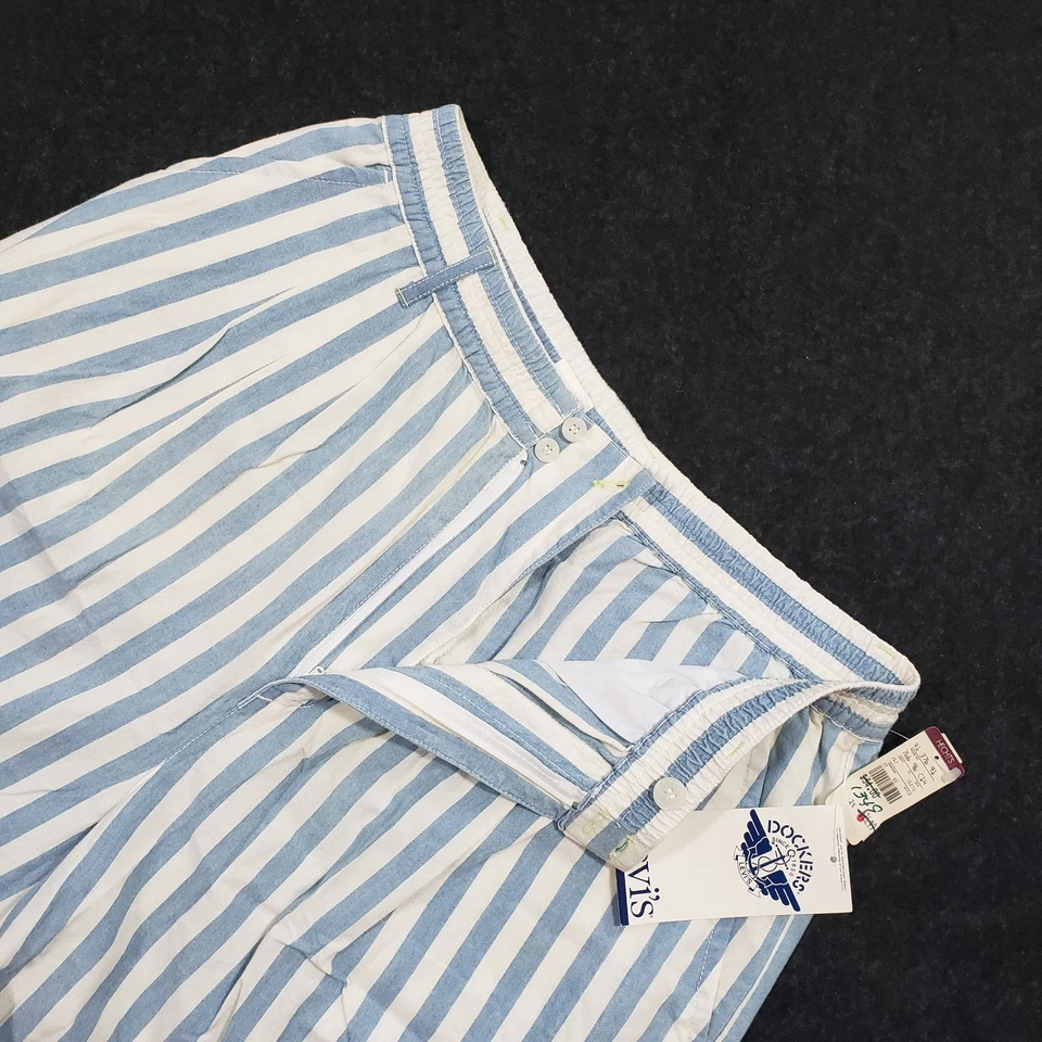 NUEVO CON ETIQUETAS Pantalones Cortos Dockers De Colección Para Hombres L Azul Rayas Algodón Cintura Elástica Plisada LEER Foto 3 de 4
