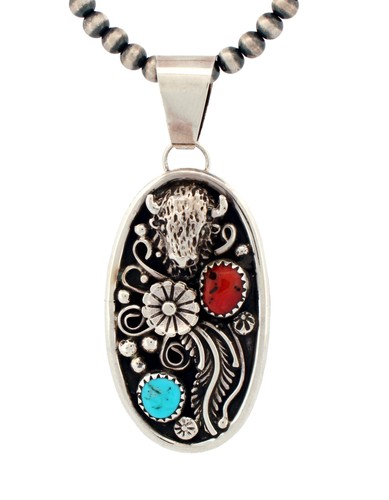 Navajo Native American Coral and Turquoise Buffalo Pendant by McCray SKU233283