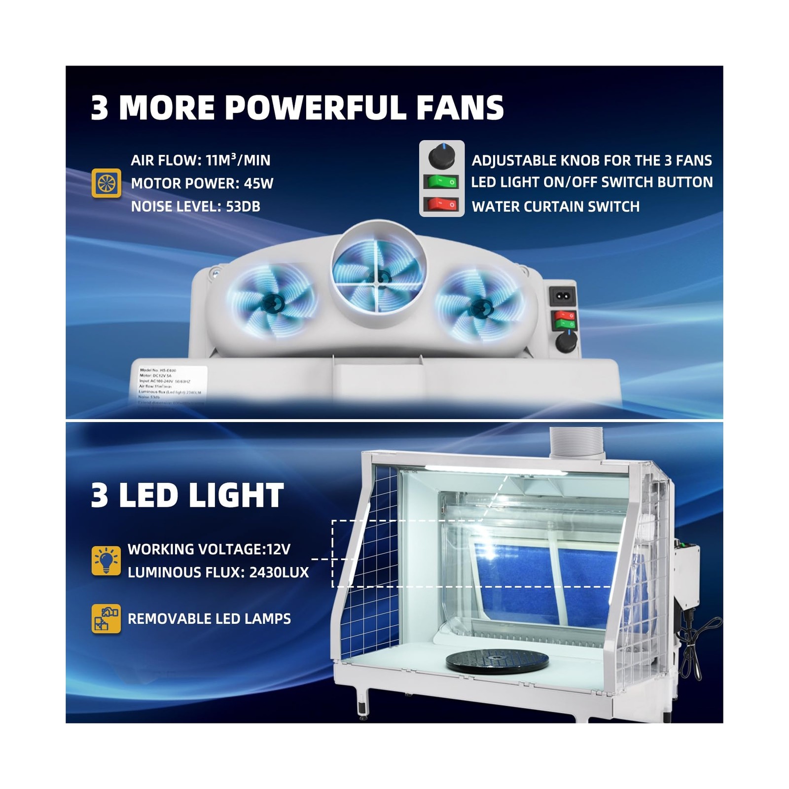 Airbrush Booth Water Curtain with 3 LED Light 3 Fans Revolving Turntable and ...