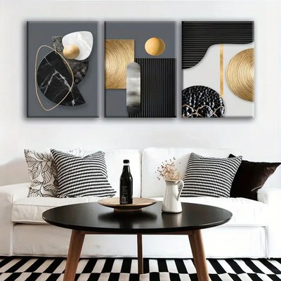 3pcs Black White & Golden Geometric  Metal Print Ready to Hang Art
