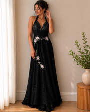 Fashion Nova Black Sequin Halter Maxi Dress Floral Embroidered XS NWT