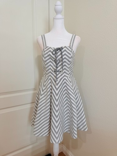 NWT Boutique Zig Zag Herringbone Lace Up Midi Dress Gray Cotton Blend Cottagecor