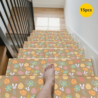 15pcs Colorful Floral Patterned Stair Mats, Non-Slip Stair Carpets, Protective