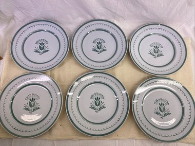 6 VINTAGE ARABIA FINLAND DINNER PLATES HAND PAINTED GREEN THISTLE SIGNED READ!