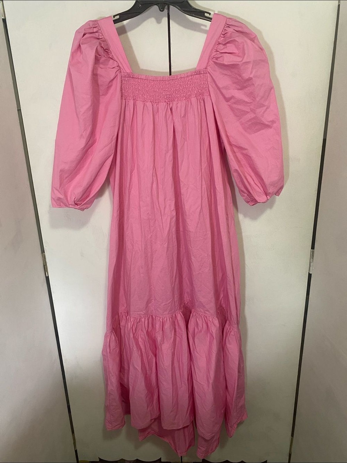 H&M Pink Puff-Sleeve Maxi XS Dress Milkmaid Smocked Tiered Prairie Coquette