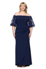 Xscape Plus Size Long Illusion Sleeve Off The Shoulder Dress Gown Navy Blue 18W