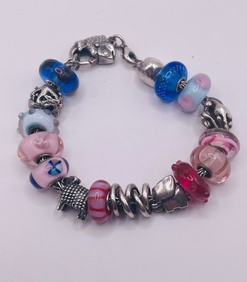 Voll beladenes Trollbead Armband, ausgemustertes großes Fischschloss, 16 Charms, 5+ ausgemustert