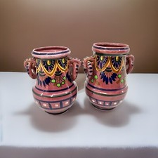 2 ROSE MAJOLICA Vases ITALY Marked/Signed-Mid Century-RING PULL HANDLES-GC