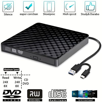 High-Speed, Batteryless External CD/DVD Drive, USB 3.0 & USB-C  - User-Friendly