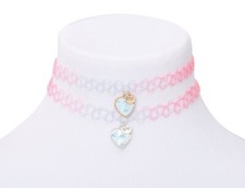 Claire  s Gold Silver Tone Holographic Heart bff best friends Choker necklace set