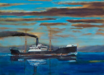 #ad #ad Original Oil Painting Steam Ship Tramp Steamer Freighter American Artist $575.00