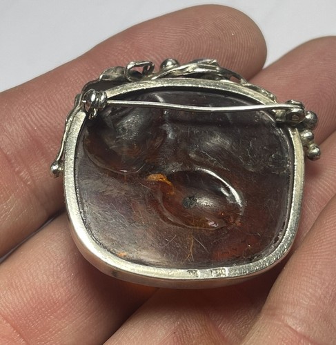 Jolie Broche Argent 830 Scandinave Sertie D’ambre Baltique Décors Cerises - Imagen 9 de 10