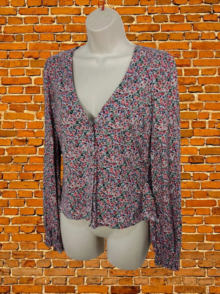 MUJER SUELO TALLA UK 8 ROJO CORAL FLORAL CUELLO EN V CLARO CÁRDIGAN JUMPER VOLANTES PUÑO Foto 2 de 4