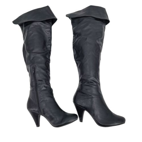 Vintage 90s Vegan Faux Leather Knee High Boots 7 Black Cuffed Heeled Pirate - Picture 2 of 9