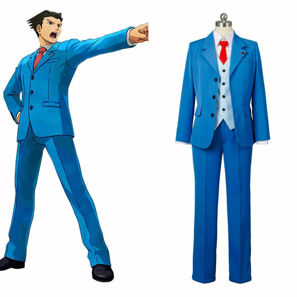 Gyakuten Saiban Ace Attorney Phoenix Wright Cosplay Costume Blue Lawyer  Suit Ti