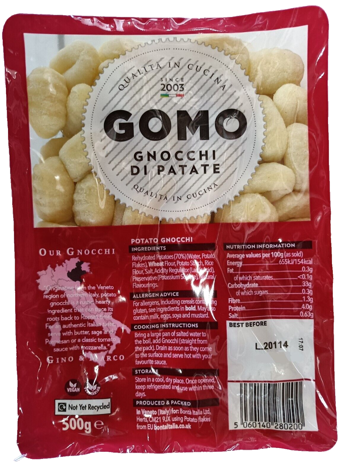 Gomo Gnocchi di Patate potato 500g for vegans and vegetarians diet | no kee
