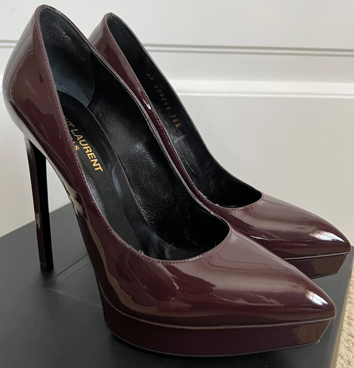 Saint Laurent YSL Janis Burgundy Patent Leather Pointed Platform Pumps 38.5  $795