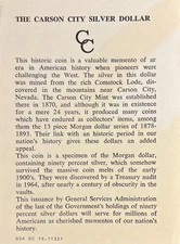 1878-1891 Carson City Silver Dollars GSA COA Certificate