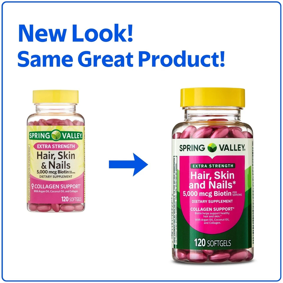 Spring Valley Extra Strength Hair, Skin & Nails Biotin 5000 mcg Softgels, 120 Ct - Image 2 of 4