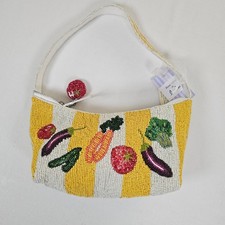 Handcrafted Beaded Vegetable Garden Striped Shoulder Bag Yellow White New