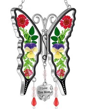 Butterfly Suncatcher for Mom - Stained Glass Window Decor, Engraved Charm, Dried