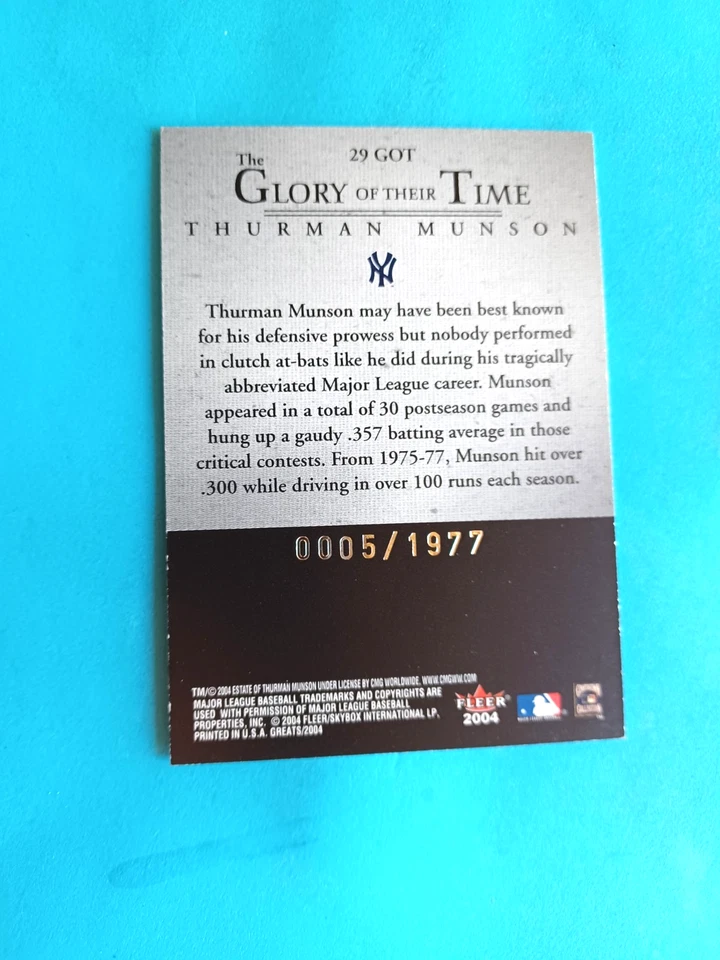2004 FLEER GREATS THURMAN MUNSON #29 GOT THE GLORY OF THEIR TIME #5/1977 YANKEES - Image 2 of 2