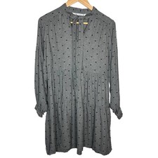 ZARA Tiered Smock Mini Dress Swiss Dot Polka Tie Neckline Poet Sleeve Size XS