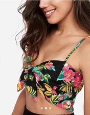 Express Rocky Barnes Tie Front Crop Top size Medium Black Floral NWT