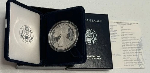 1995-P brilliant gem PROOF American SILVER EAGLE with case, box & COA. Pf ASE