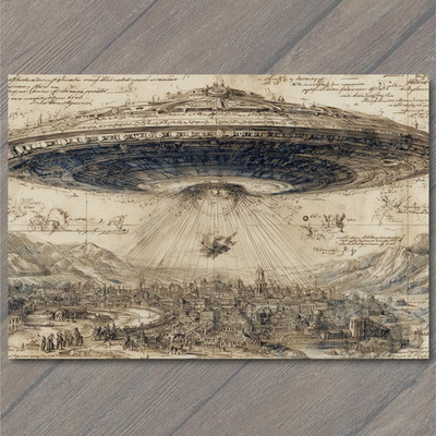 Art Print Alien Saucer Over City Vintage Map UFO Hovering Leonardo Da Vinci Styl
