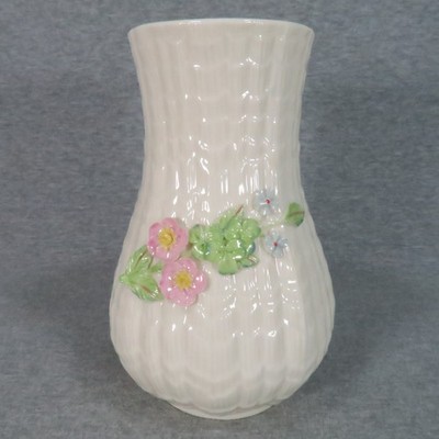 Vtg Belleek Erin Vase Ireland Porcelain Floral Cream Pink Blue Flowers Cottage