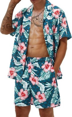 Mens Hawaiian Shirt Shorts Matching Set Tropical Floral Beach Outfit 2XL Blue