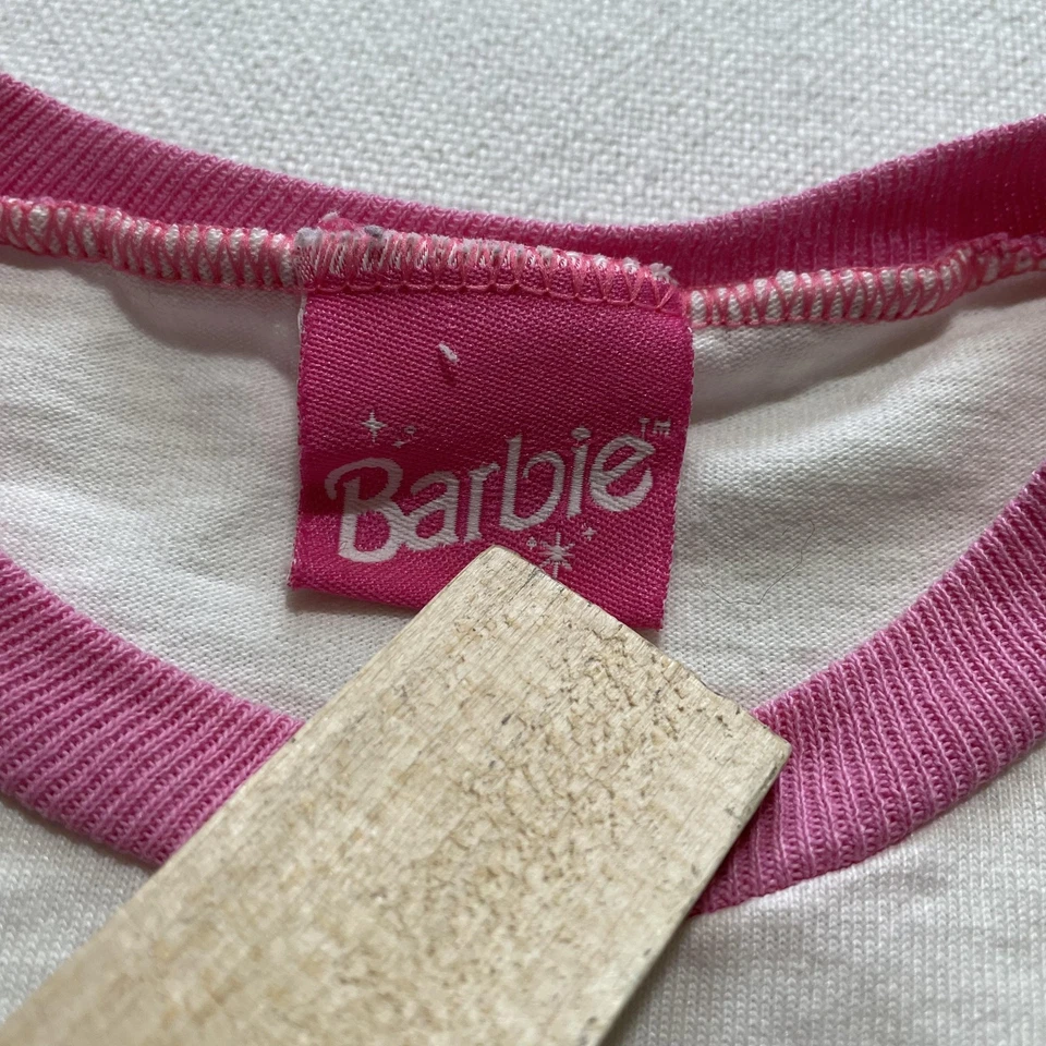 VINTAGE Barbie Shirt Youth Small White Pink Ringer 1996 Mattel Graphic Daisy 90s - Image 4 of 4