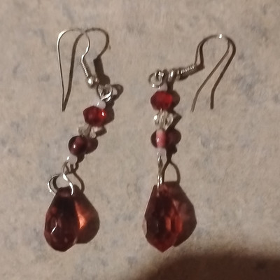 Red Glass Beaded Teardrop Dangle Drop Earrings Silver Tone Hook, Lobe