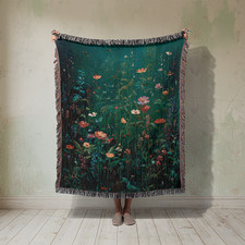 Wildflower Woven Blanket, Moody Botanical Tapestry, Dark Cottagecore Jacquard
