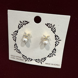 Authentic Gold Dipped Gold Plated CZ Flower White Pearl Stud Earrings Butterfly Back