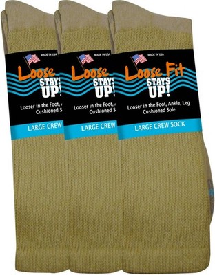 Loose Fit Stays Up! Tan Crew Socks to EEEEE - 3pack