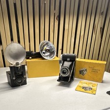 Kodak Tourist II Folding Camera  Brownie Hawkeye w/ Flashholder  Box