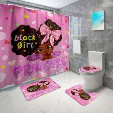 African American Bathroom Set - Black Girl Shower Curtain Rugs Toilet Lid Cov...
