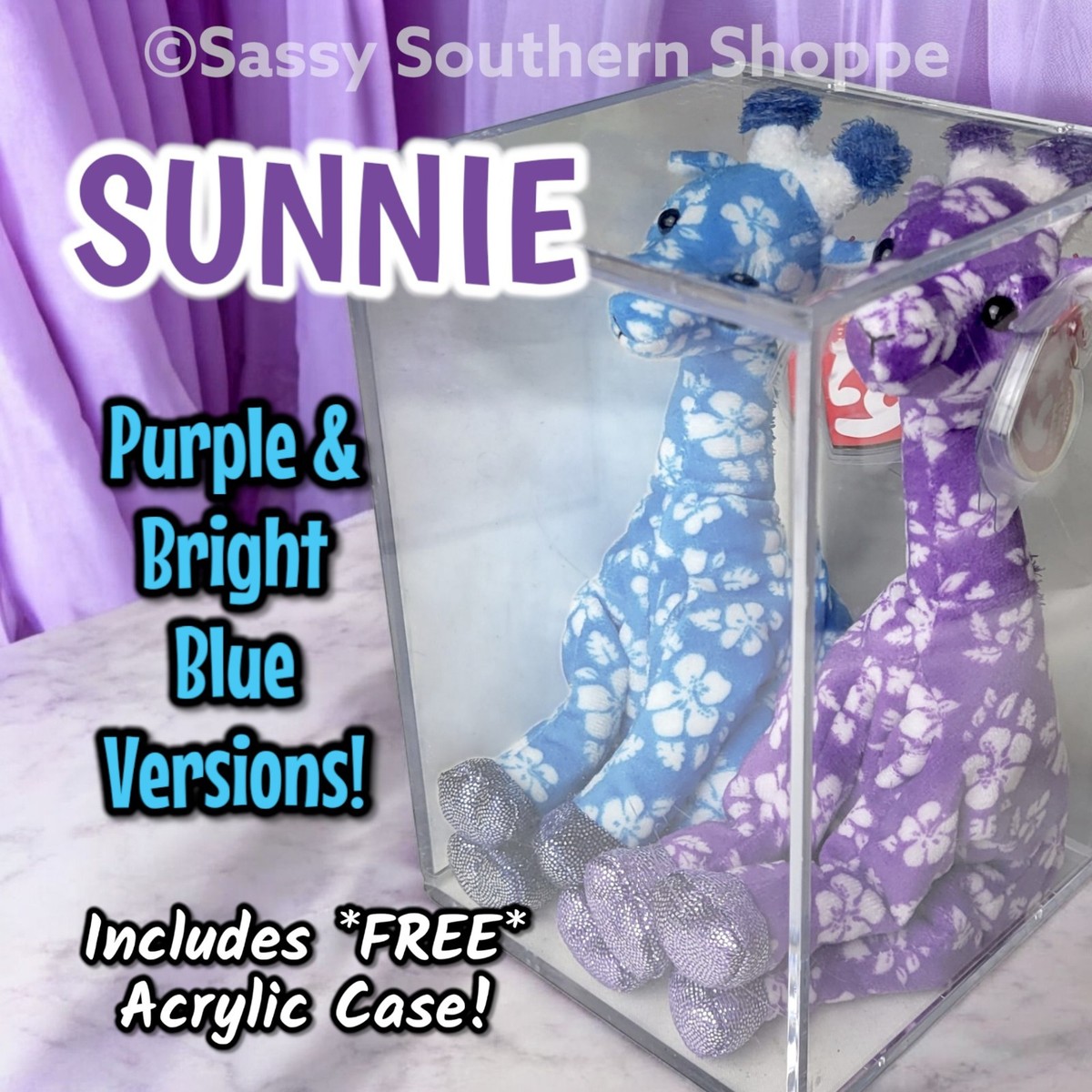 ❤️ 2006 SUNNIE Blue & Purple Floral GIRAFFE (Set of 2) Ty