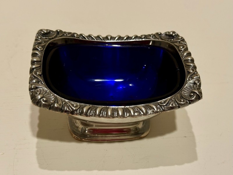 Antique Webster Lg Open Silver Salt/Condiment Holder Cobalt Blue Glass Insert
