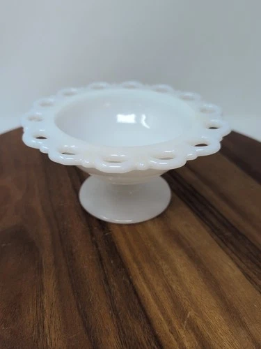 Vtg. White Milk Glass, Lace Edge, Footed Candy Dish, 3.5" H x 7" W