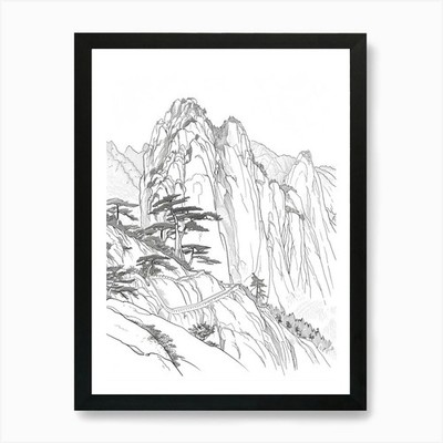 Mount Hua China Color Line Zeichnung gerahmtes Wandbild Poster Leinwanddruck Bild
