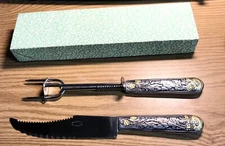  Argentina Silver Gold Tone Gaucho Knife  Carving set in original box / Vintage 