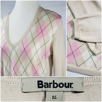 Barbour - Pink and Cream Argyle V Neck Fine Gauge Cotton Sweater - Womens 14