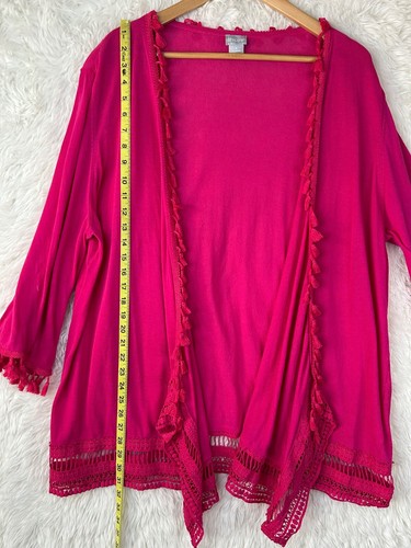 Chico's Sz 4 XXL Solid Bright Pink Open Front Tassel Crochet 3/4 Sleeve Cardigan - Picture 6 of 8
