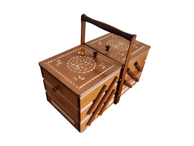 Wooden sewing box handmade, Wood storage box for sewing kit, Big fold out box
