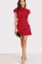 Women  s Red mini dress with ruffles and tie neck detail size S