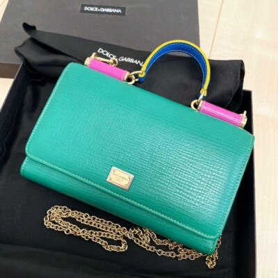 Dolce & Gabbana D&G Sicily Von Bag Damen Kette Schultertasche Leder Grün